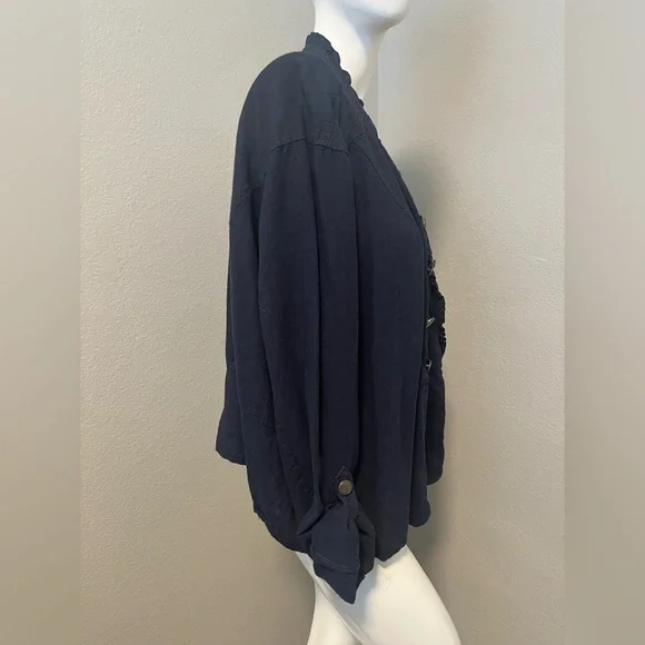 Maurices Plus Women’s Navy Blue Open Front Ruffle Long Roll Tab S Blazer Size 3 - Picture 3 of 13